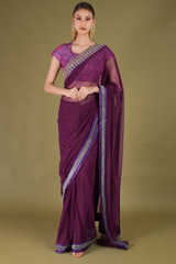 Wine Embroidered Net Saree